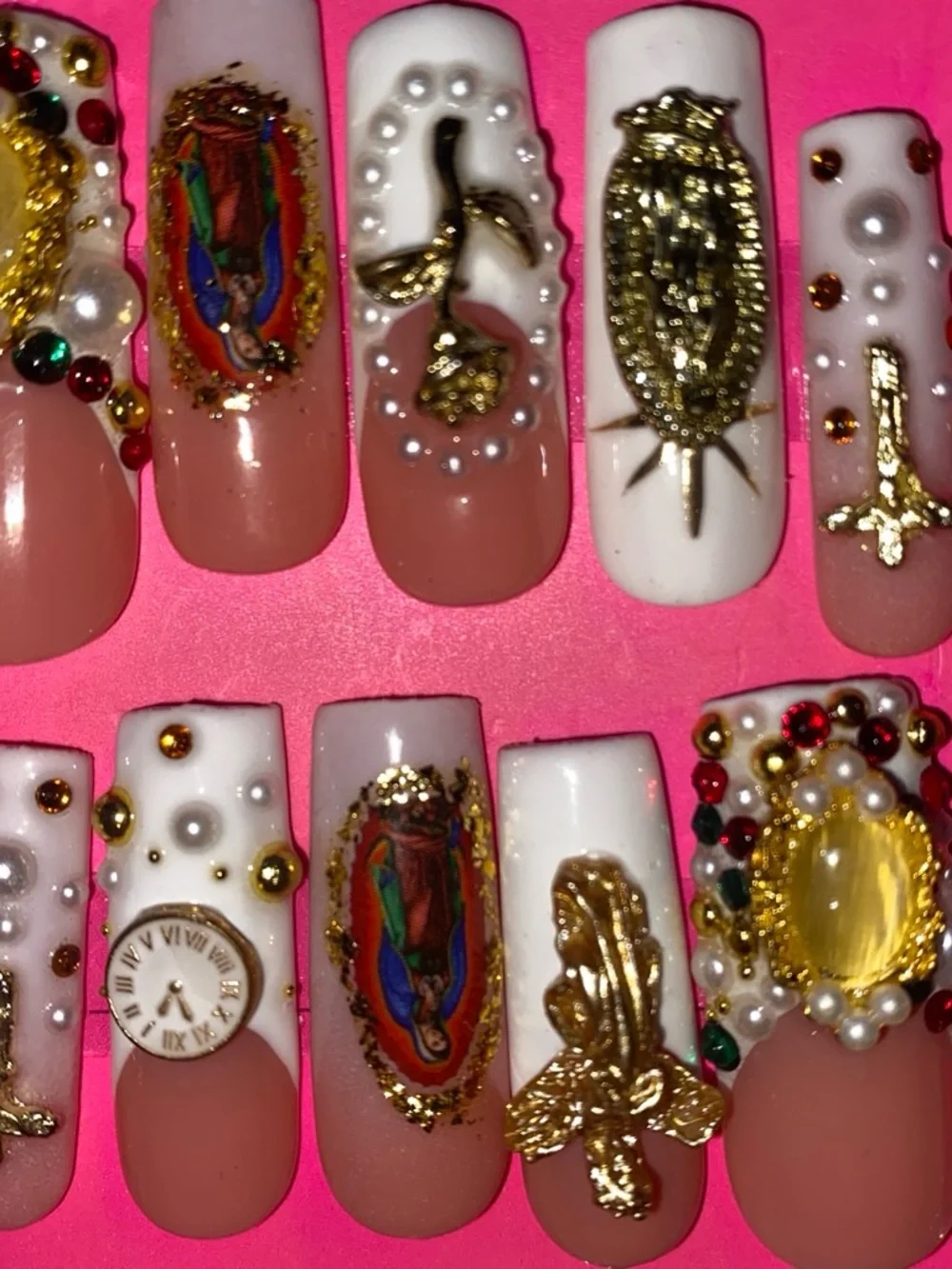 Size medium Luxury Gold Embellished White & Nude Press-On Nail Set